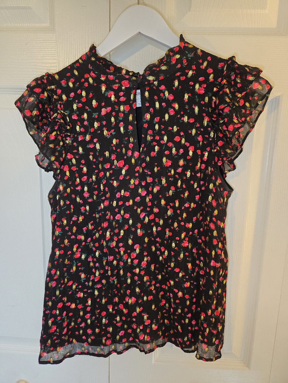 J. Crew Black Floral Ruffle Sleeve Blouse
